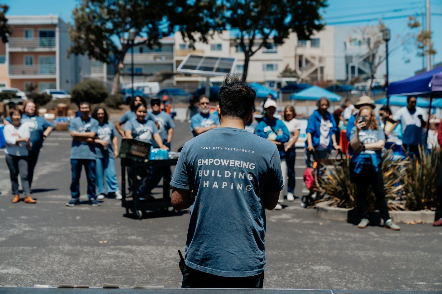 Daly City Partnership staff and volunteers gathered before a weekly food distribution
