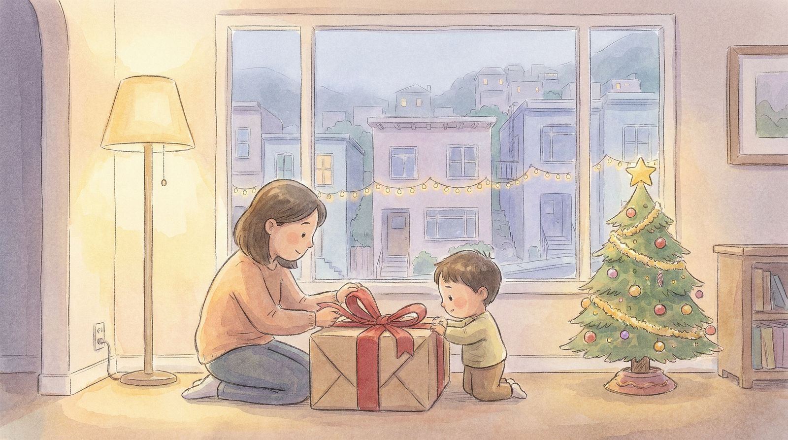 Watercolor illustration of a parent and child wrapping a present by a window