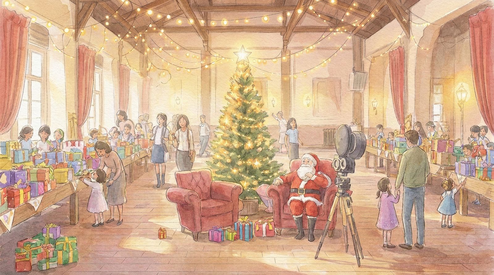 Watercolor illustration of a community hall with Santa, a Christmas tree, and tables of toys