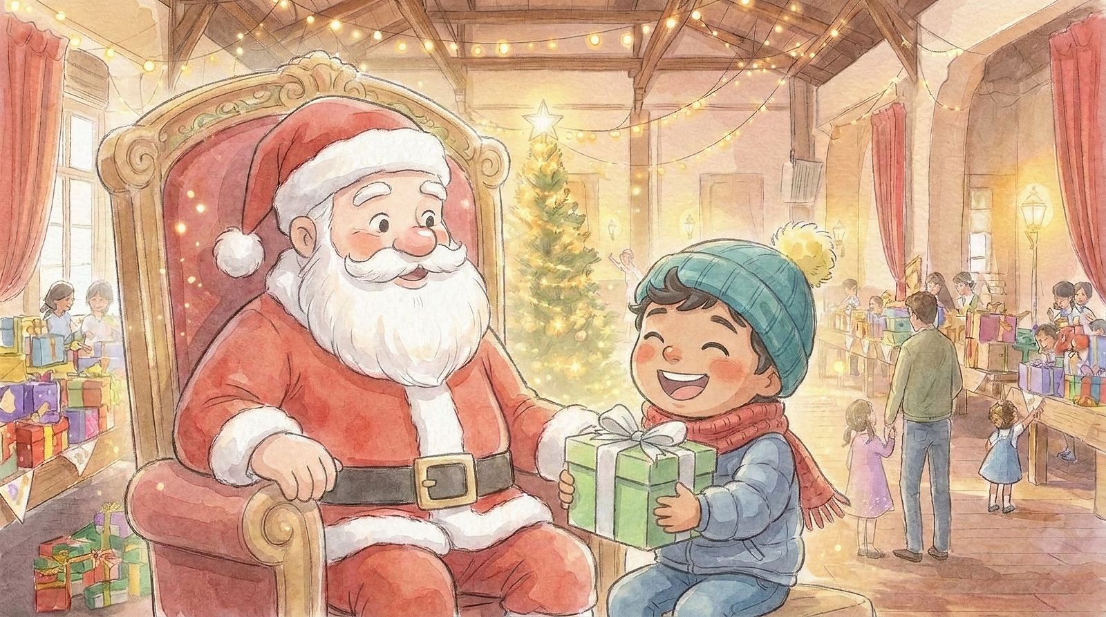 Watercolor illustration of a boy beaming beside Santa while holding a present