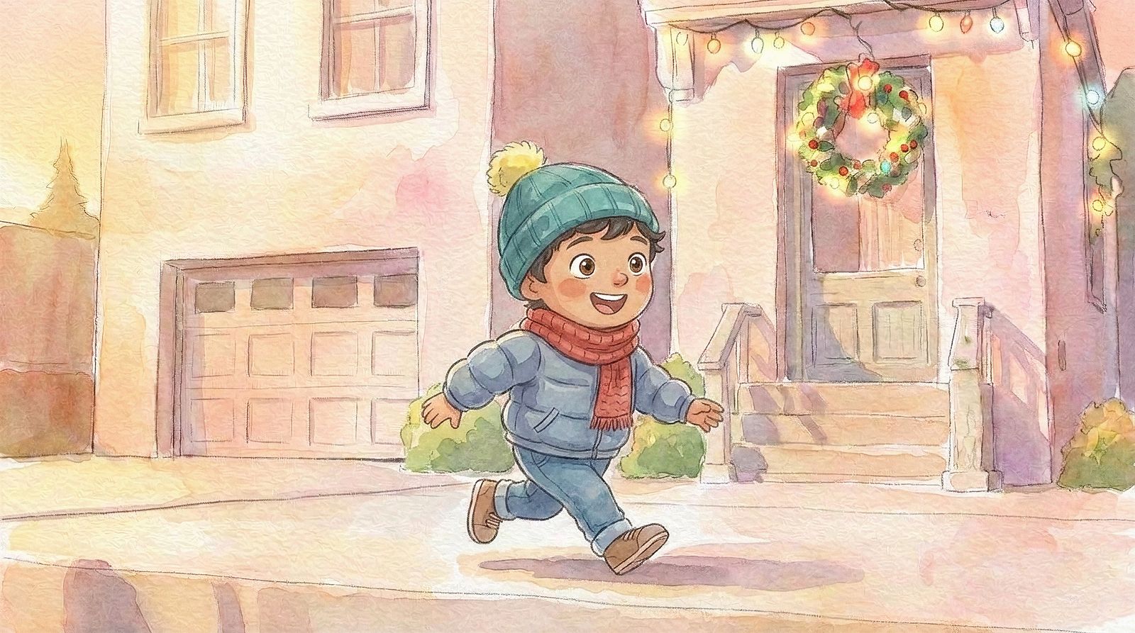 Watercolor illustration of a boy in a teal beanie and red scarf running past a house decorated with Christmas lights