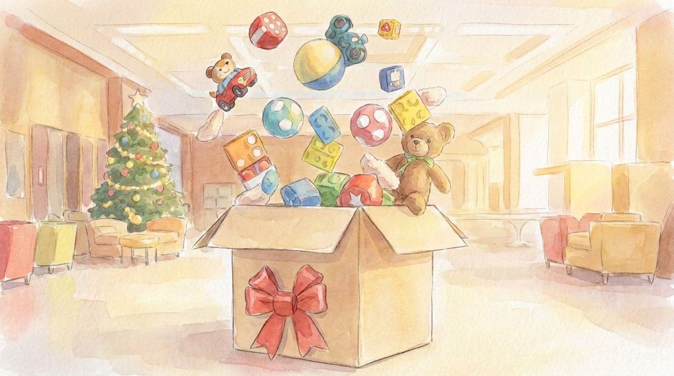 Watercolor illustration of a donation box overflowing with toys