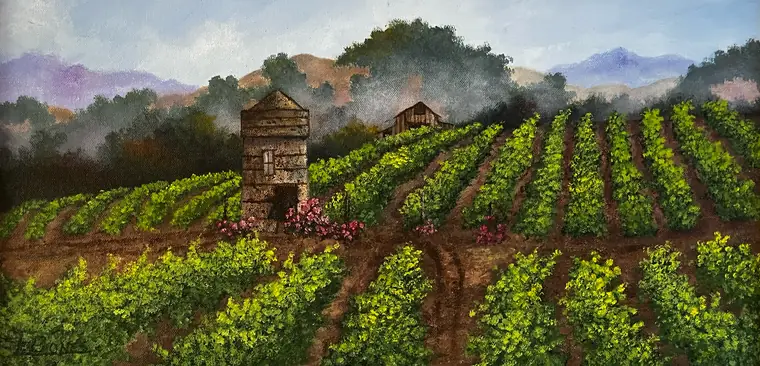 Oil painting of rows of bright green grapevines leading to a weathered stone tower and a barn, with morning mist drifting through the trees and purple hills behind